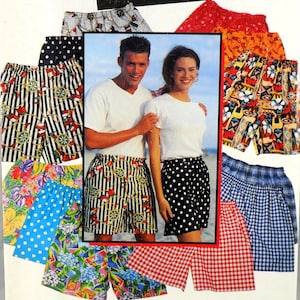 May include: An assortment of colorful shorts with various patterns, including stripes, polka dots, floral, and geometric designs. The image features a couple wearing shorts with nautical and polka dot patterns. The shorts are casual wear.