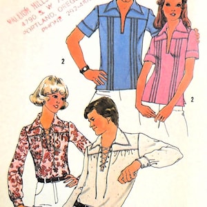 May include: A vintage illustration of four shirts. Two are short-sleeved with vertical stripes, one blue and one pink. The other two shirts have long sleeves, one floral and the other white with a lace-up front. The image is a sewing pattern.