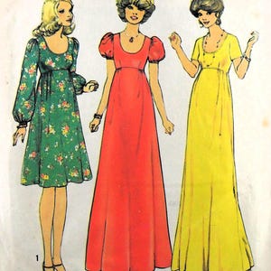 May include: Illustration of three vintage dresses. The first is a green floral print with long sleeves. The second is a red maxi dress with short, puffed sleeves. The third is a yellow maxi dress with short sleeves and a button detail.