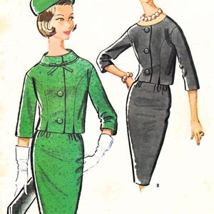 May include: A vintage sewing pattern illustration featuring two suit ensembles. Outfit A is a green jacket with a bow detail and matching skirt and hat. Outfit B is a dark grey jacket with three buttons and a matching skirt, paired with a pearl necklace.