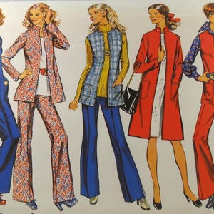 May include: Illustration of five women modeling vintage 1970s fashion. Outfits include long coats, pantsuits, and vests in various colors and patterns. The image showcases retro clothing styles with flared pants and high collars.