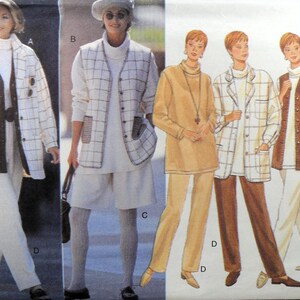 Könnte beinhalten: Ein Schnittmuster für eine Damenjacke, eine Weste und eine Hose. Das Muster beinhaltet eine lange Jacke mit Karomuster, eine Weste mit Karomuster und eine Hose in unifarbener Ausführung. Das Muster ist für die Größen 8-18.