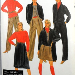 May include: Vintage McCall's sewing pattern featuring multiple fashion designs. The illustrations showcase various outfits, including a red top with brown pants, a black jacket with a skirt, and a black jacket with black pants. The pattern is designed by Willi Smith.