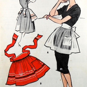 May include: A vintage sewing pattern illustration titled JUNIOR SHORT APRON featuring two apron designs. One is a white apron with a pocket and decorative trim, and the other is a bright red apron with a pocket and black and white zigzag trim.