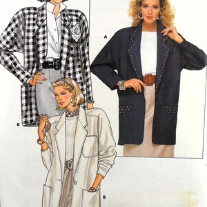 May include: A sewing pattern for three different jackets. The first jacket is black and white checkered, the second is navy blue with silver studs, and the third is a light beige.