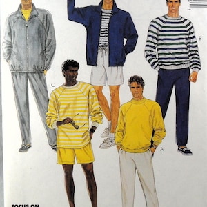 May include: A sewing pattern for men's clothing with four different styles. The pattern includes a grey jacket and pants, a blue jacket with a striped shirt and white shorts, a striped sweater with blue pants, and a yellow sweater with white pants. The pattern is titled "Focus on Overlock (Serger) Sewing".