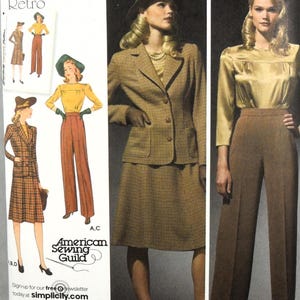 May include: A 1940s retro sewing pattern envelope featuring illustrations and photographs of a skirt suit with a plaid blazer and skirt, and a separate outfit with a gold long-sleeve blouse and brown wide-leg trousers, including the American Sewing Guild logo.