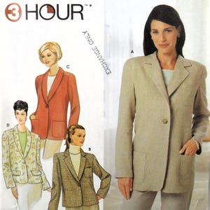 May include: A sewing pattern for four different blazer styles. The pattern includes a single-breasted blazer with a collar, a double-breasted blazer with a collar, a blazer with a shawl collar, and a blazer with a notched collar. The pattern is for sizes 6-16.