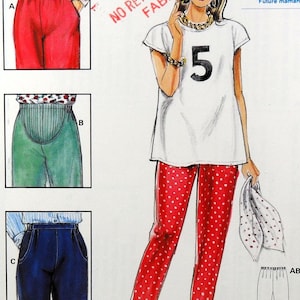 May include: A sewing pattern illustration featuring a white t-shirt with a black number 5, red pants with white polka dots, and three inset panels showing variations of pants labeled A, B, and C. The text reads HOSE / PANTALON / PANTS and Umstandsmode.