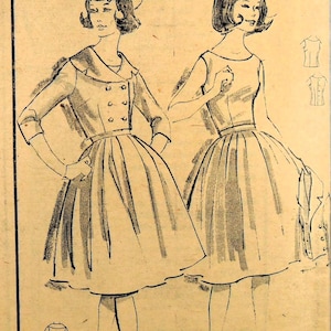 May include: Vintage Advance Printed Pattern 9819, featuring illustrations of two dresses. One dress has a double-breasted jacket and a full skirt. The other dress has a sleeveless bodice and a full skirt. The pattern is size 16.