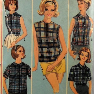 May include: A vintage sewing pattern showing illustrations of women in plaid tops. The tops are sleeveless and short-sleeved, with button-down fronts. The colour scheme includes blue, black, and orange, giving a retro feel. The pattern is for a how-to sew pattern.