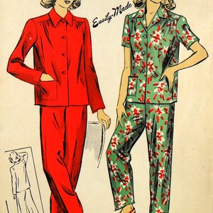 May include: A vintage sewing pattern illustration for a two-piece pajama set. One version is solid red with long sleeves and pants, while the other is green with a red and white floral print, short sleeves, and pants. Text includes Size 14, Bust 32.