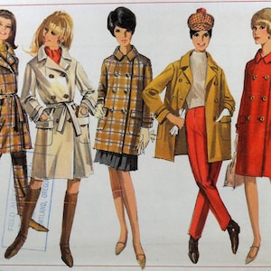 May include: A vintage sewing pattern envelope illustration featuring five outfits for Miss Size 12. The designs include plaid jackets and trousers, a belted trench coat, a double-breasted plaid coat, a mustard jacket with red trousers, and a red coat.