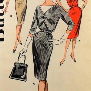 May include: Vintage sewing pattern featuring three illustrated women's dresses. The dresses are in various colors, including black and white striped, tan, and red. The pattern includes a black handbag and a hat.