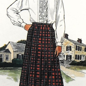 Könnte beinhalten: Illustration einer Frau in einer weißen Bluse mit Spitzeneinsatz und einem rot-schwarz karierten Rock. Der Rock ist plissiert und reicht bis zur Mitte der Wade. Die Frau trägt schwarze Absätze.