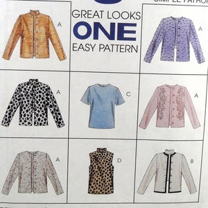 May include: A sewing pattern sheet featuring various garment designs. The designs include jackets in gold, leopard print, and light purple with embellishments. A light blue t-shirt and a sleeveless leopard print top are also shown. The text "GREAT LOOKS ONE EASY PATTERN" is visible.