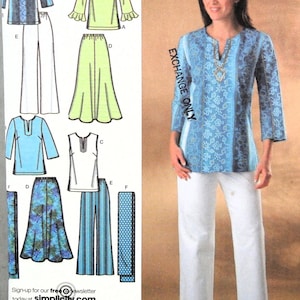 May include: A sewing pattern envelope featuring illustrations of various tops, skirts, and pants, alongside a photograph of a blue patterned tunic with a split neckline and white trousers. The text EXCHANGE ONLY is printed on the image.