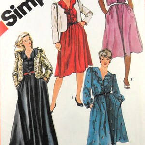 May include: Simplicity sewing pattern featuring four women's dress designs. The dresses include a red dress with a white jacket, a black dress with a gold jacket, a pink dress with a belt, and a blue dress. The pattern size is G (40, 42, 44, & 46).