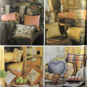 May include: A collection of decorative throw pillows in various shapes, including square, rectangular, bolster, and heart-shaped designs. The pillows feature diverse fabrics, patterns, fringe, tassels, and button accents, labeled with letters A through J.