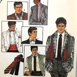 Può includere: Illustrazione di abbigliamento formale da uomo, tra cui completi, cravatte e papillon. L'immagine mostra vari stili, come un abito grigio con cravatta a righe, uno smoking con papillon e una giacca fantasia con cravatta tinta unita. La tavolozza dei colori include grigio, nero, rosso e bianco.