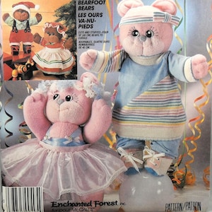 May include: A pattern for making four stuffed Bearfoot Bears. The bears are pink and brown, with one wearing a Santa hat and overalls. Another bear is wearing a tutu. The text reads "CUTE AND STUFFED-FOUR 18 (45 CM) BEARS TO CUDDLE."
