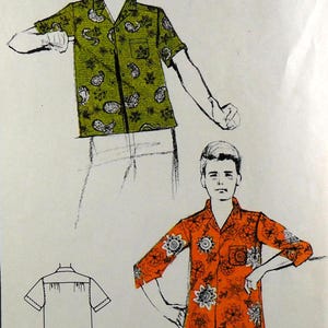 May include: A sewing pattern illustration featuring two short-sleeve button-down shirts with collars and chest pockets. One shirt is olive green with a black paisley print, and the other is orange with a black floral pattern. Text includes CHEST 42-44.