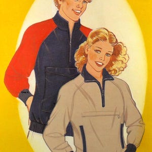 May include: A vintage sewing pattern for a teen's powder jacket. The pattern shows two models wearing the jacket in different colors. The pattern is for sizes 14, 16, 18, and 20.