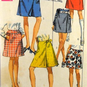May include: A vintage sewing pattern featuring six different wrap skirt styles. The skirts are shown in various colours and patterns, including blue, red, plaid, yellow, and floral. The pattern includes instructions for making the skirts in sizes 25 1/2 waist and 36 hip.