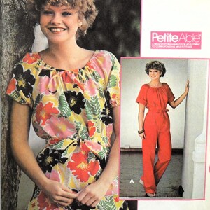 May include: A vintage fashion illustration features a woman wearing a floral print romper with a matching belt. The romper has a scoop neckline and short sleeves. A smaller image shows a woman in a red jumpsuit. The text "Petite Able" is visible.