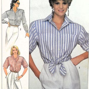 May include: Image of a fashion illustration featuring three different shirt styles. The main image shows a woman wearing a blue and white striped shirt tied at the waist. The other illustrations show similar shirts.