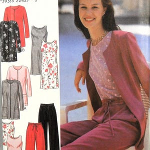 May include: A magazine page showcasing a woman in a pink suit alongside several clothing designs. The designs include a red jacket, a black floral jacket, a grey dress, a floral dress, and red and black trousers.