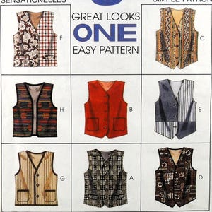 Pode incluir: Uma folha de padrões com nove designs de coletes diferentes. Os coletes variam em estilo, cor e padrão, incluindo opções florais, xadrez, listradas e lisas. O texto "GREAT LOOKS ONE EASY PATTERN" também é visível.