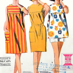 May include: Vintage McCall's sewing pattern featuring three dresses. The dresses are sleeveless, with A in vertical orange and yellow stripes, B in solid yellow, and C in white with a fruit pattern. The image includes text: "Featured in McCall's Magazine" and "Easy".