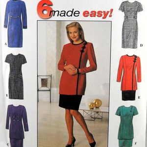 Könnte beinhalten: Ein Schnittmuster für sechs verschiedene Kleidungsmodelle. Das Muster beinhaltet ein rotes Kleid mit schwarzem Besatz, ein blaues Kleid mit goldenen Knöpfen, ein schwarz-weißes Kleid, ein lila Kleid mit goldenen Knöpfen, ein grünes Kleid mit goldenen Knöpfen und ein grau-weißes Kleid.