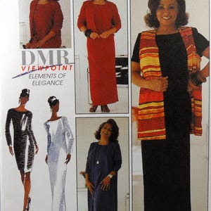 Puede incluir: Un patrón de costura para un vestido con una variedad de estilos. El patrón incluye un vestido de manga larga con una chaqueta, un vestido sin mangas con un chaleco y un vestido de manga larga con una falda. El patrón es para tallas pequeñas y se llama "DMR Viewpoint Elements of Elegance".