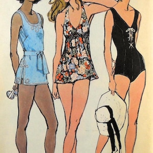 May include: A vintage sewing pattern illustration featuring three swimsuit styles: a light blue belted tank suit with white trim, a floral print halter-style swim dress with a tie front, and a black one-piece swimsuit with a white lace-up front detail.