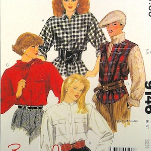 May include: A sewing pattern for three different shirts. The pattern is for a plaid shirt, a red shirt, and a white shirt. The pattern is from McCall's and is number 9146. The bust size is 32 1/2.