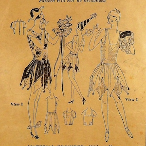 May include: A vintage illustration of three women's costumes for a masquerade ball. The costumes are all in black and white and feature a jester theme. The text "Pattern Will Not Be Exchanged" is printed at the top of the image. The image also includes a view of the back of each costume.