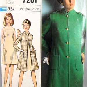 May include: Vintage Simplicity sewing pattern number 7261 for a green coat with a mandarin collar and pockets. The pattern is for a size 10 with a bust measurement of 31 inches.