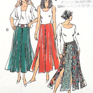 May include: An illustration of three women wearing button-down skirts with high slits. The skirts are in green, red, and a floral patchwork design. The image includes the text "Paula Marimean 1998".