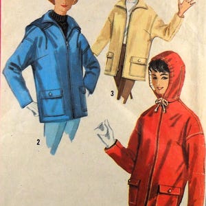 May include: A vintage sewing pattern illustration featuring three jacket styles. Style 1 is a red hooded jacket with a front zipper and pockets. Style 2 is a blue jacket with a collar and matching beanie. Style 3 is a beige jacket with a collar.