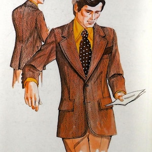 以下が含まれることがあります： 茶色のヘリンボーン柄のスーツ、黄色のシャツ、白のドット柄の黒いネクタイのイラスト。スーツはノッチドラペルと2つのフロントポケットが付いています。スーツの側面図も表示されています。