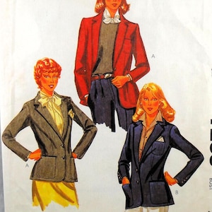 May include: A vintage sewing pattern for a blazer. The pattern includes three different styles of blazers, one in red, one in blue, and one in brown. The pattern is from McCall's and is from a Norton Simon Inc. company.