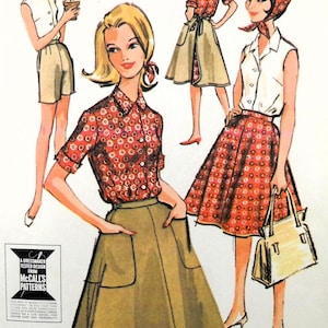May include: A vintage fashion illustration showcasing women in different outfits. The designs include a red floral print shirt, a skirt, shorts, and a headscarf. The image also includes a handbag and a pattern label.