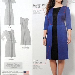 Puede incluir: Un patrón de costura para un vestido azul y negro con un panel negro en el centro. El patrón incluye opciones para figuras delgadas, promedio y con curvas. El texto "Amazing Fit Collection" está en la parte superior.