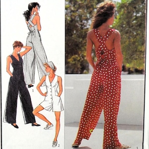 May include: An image of a vintage fashion pattern featuring three different jumpsuit designs. One is a black jumpsuit, another is white with a button-up front, and the third is a red jumpsuit with white polka dots. The jumpsuits have wide legs.