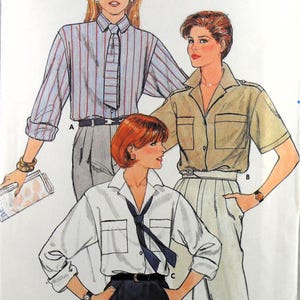 May include: A sewing pattern for three different shirts. The first shirt is striped with a long tie, the second shirt is a solid color with a short sleeve, and the third shirt is white with a navy blue tie.