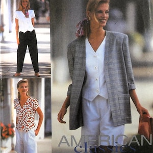 May include: Three women modeling different outfits. The first woman is wearing a white blouse with a black bow tie, black pants, and a white scarf. The second woman is wearing a white vest, white shorts, a plaid blazer, and a white scarf. The third woman is wearing a red and white patterned blouse, white shorts, and a white scarf. The text "AMERICAN classics" is at the bottom of the image.