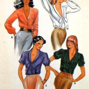 May include: Four women's blouses with different necklines and sleeve styles. The blouses are in various colors, including red, white, purple, and green. The blouses are shown on models with different hairstyles and poses.