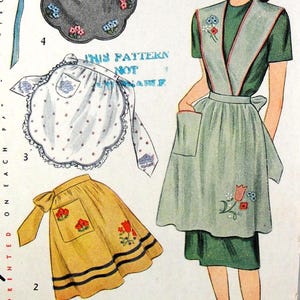 May include: A vintage sewing pattern illustration featuring four apron designs. One shows a dark gray scalloped apron with floral embroidery, a white polka-dot apron, a yellow apron with two black stripes and floral pockets, and a green dress with a matching apron.